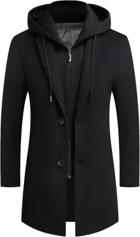 Men's Woollen Long Trench Hoodie Winter Wool Blend Jacket Overcoat Zip Up Top Coat Stylish Warm Pea Coats