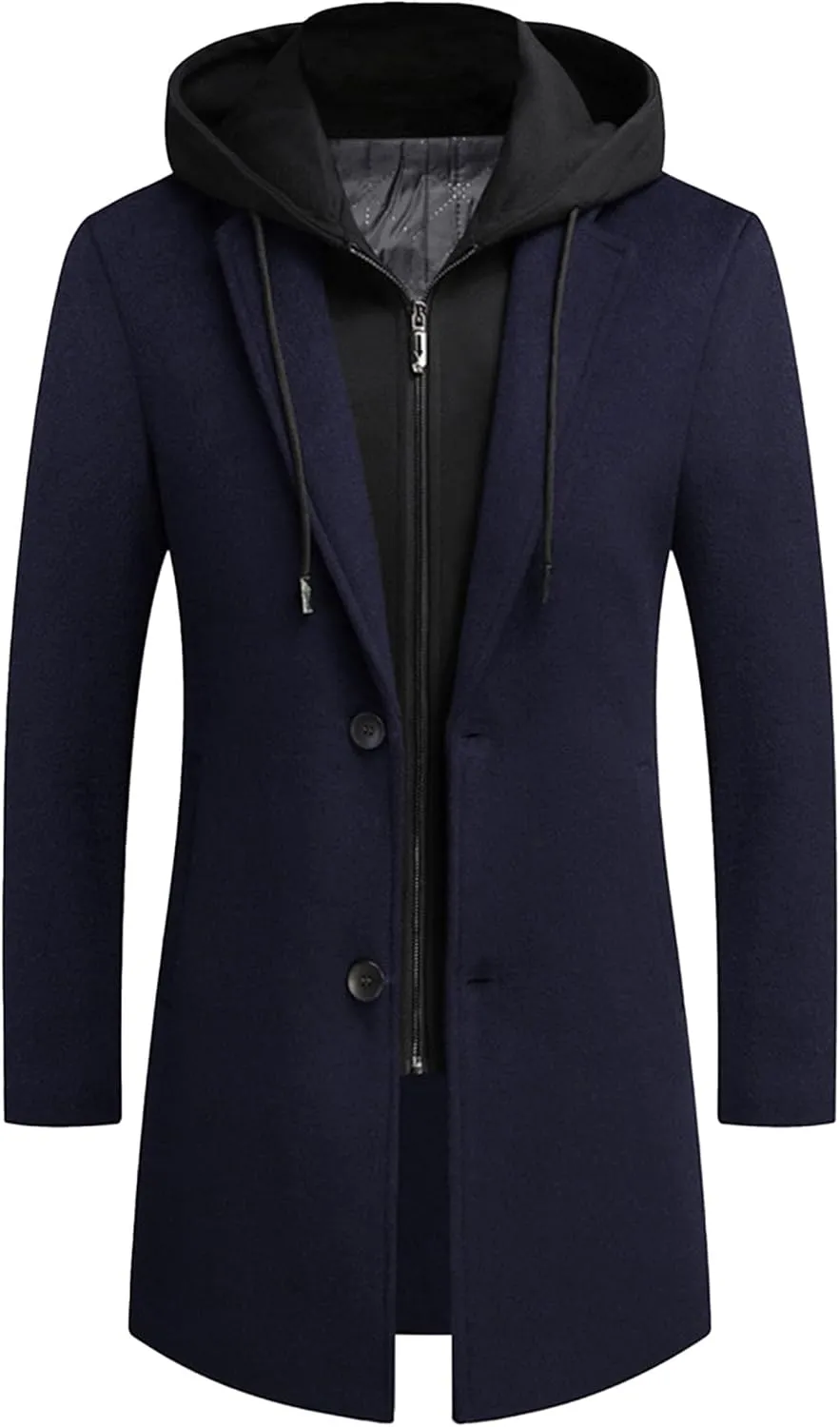 Men's Woollen Long Trench Hoodie Winter Wool Blend Jacket Overcoat Zip Up Top Coat Stylish Warm Pea Coats