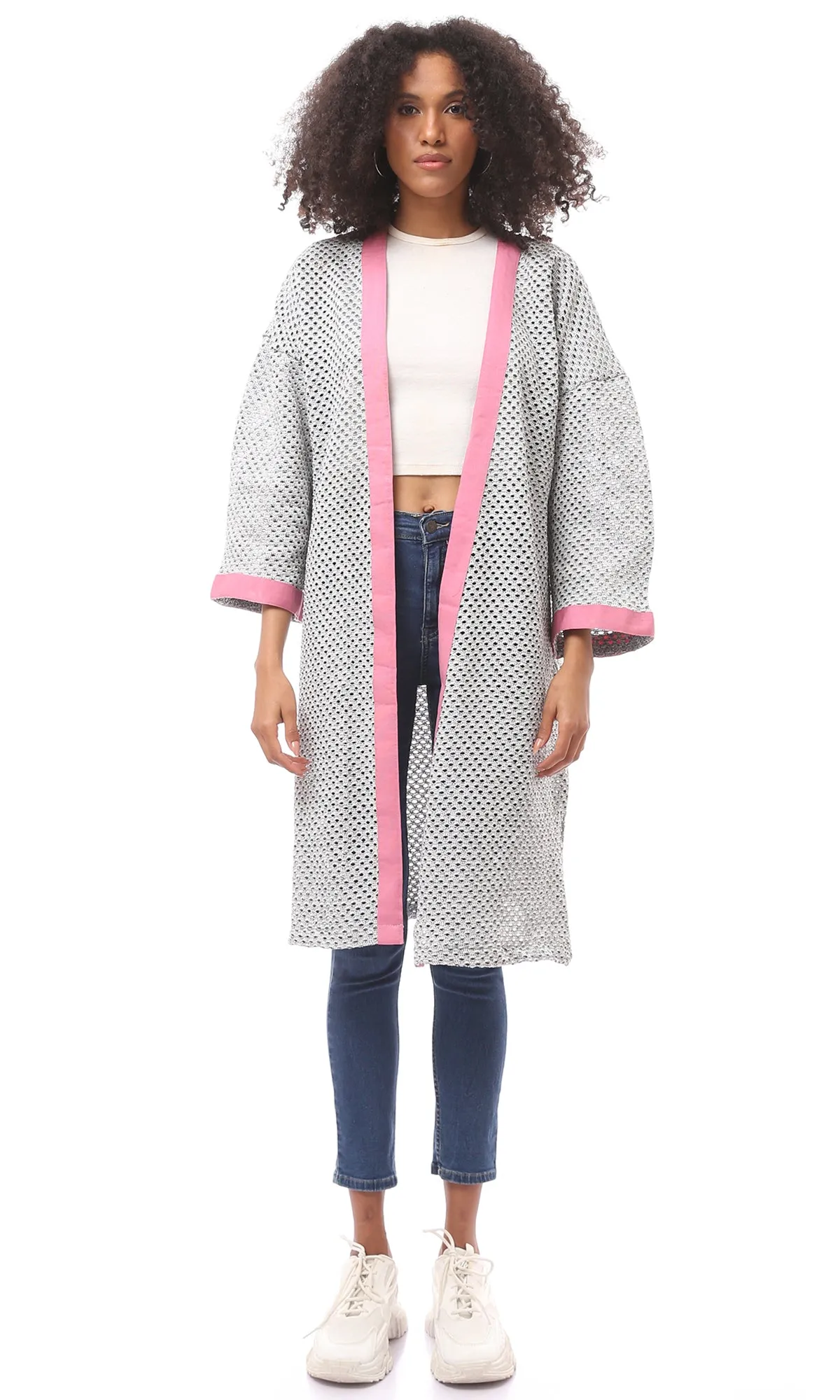 O174378 Perforated Light Grey & Pink Slip On Cardigan