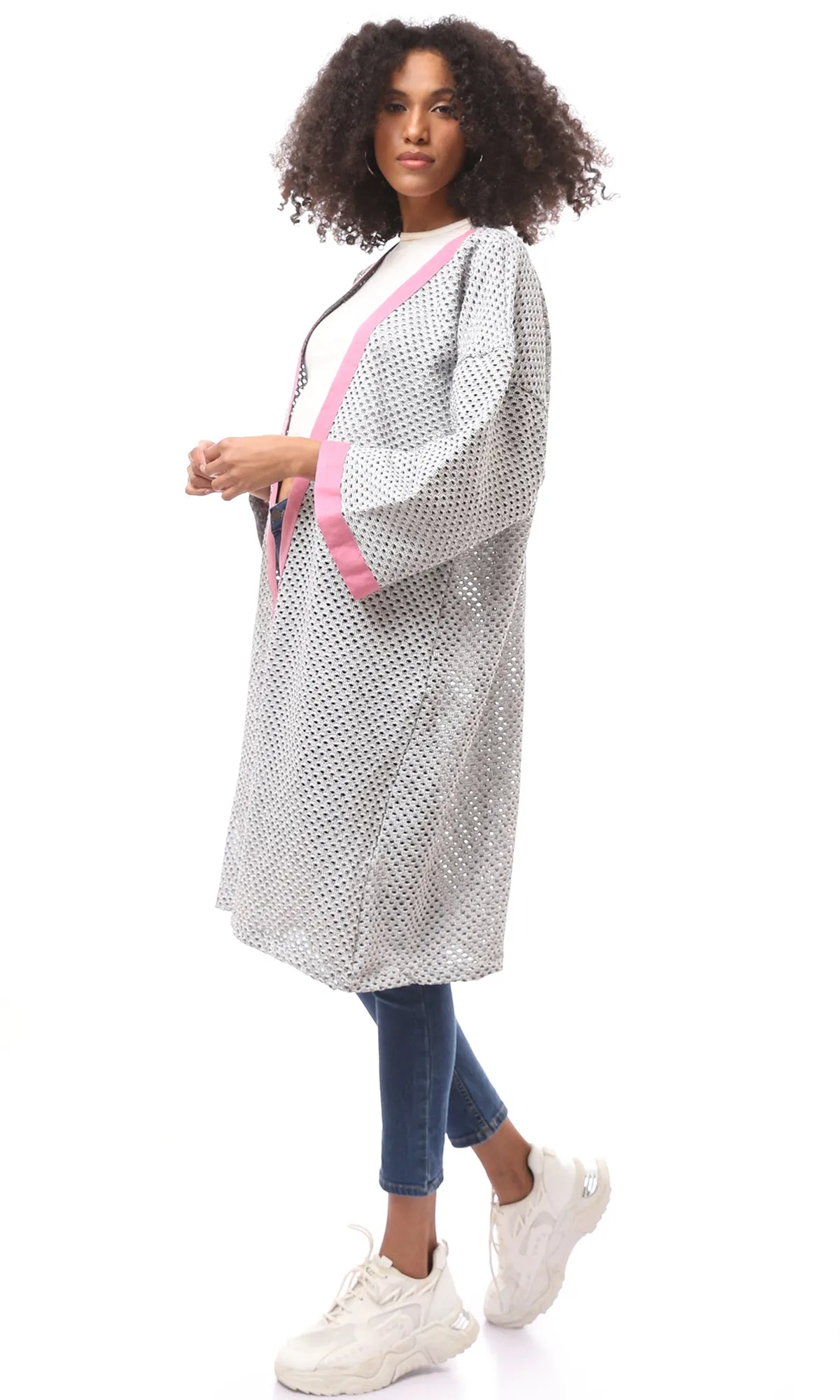 O174378 Perforated Light Grey & Pink Slip On Cardigan