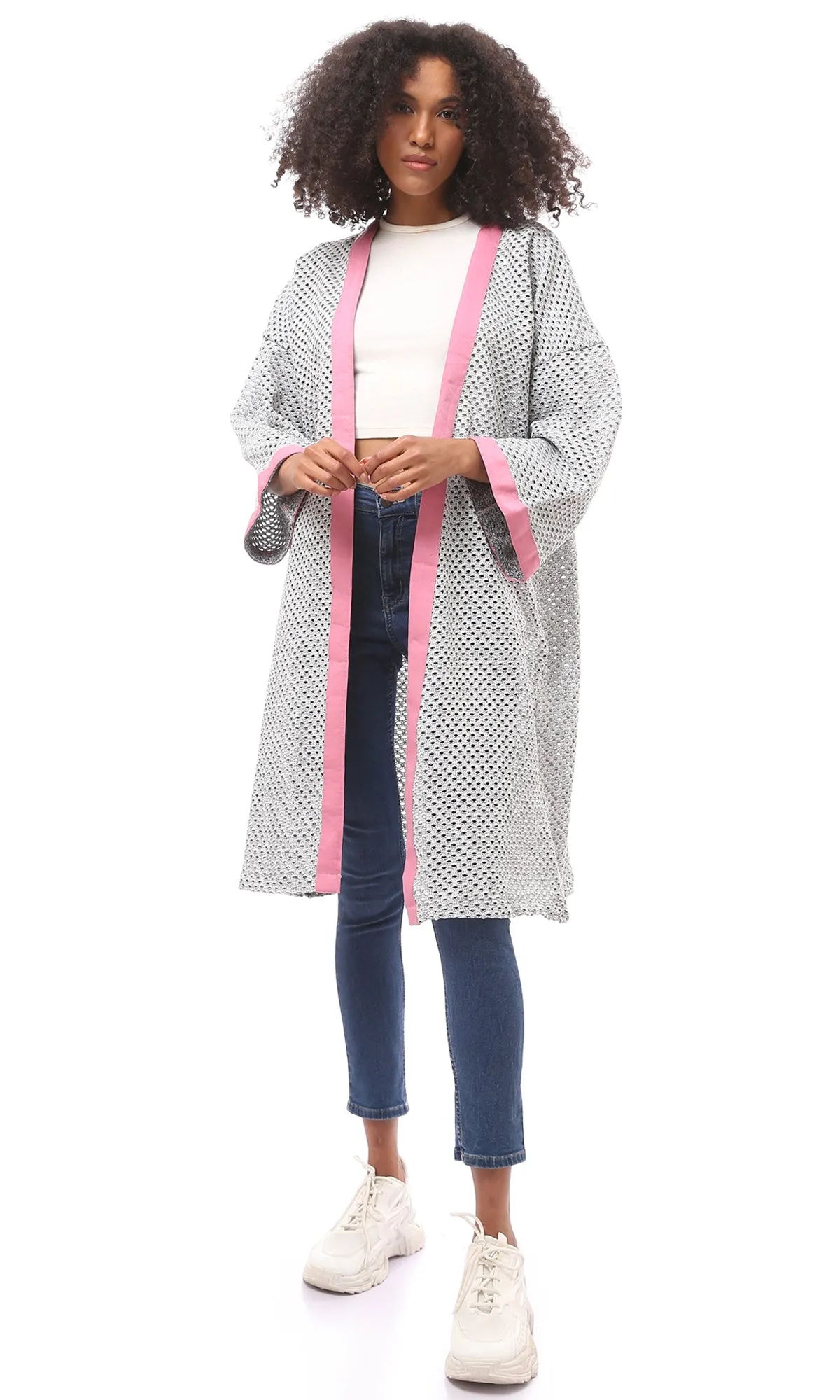 O174378 Perforated Light Grey & Pink Slip On Cardigan