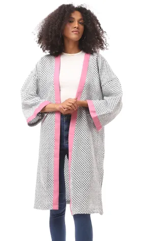 O174378 Perforated Light Grey & Pink Slip On Cardigan