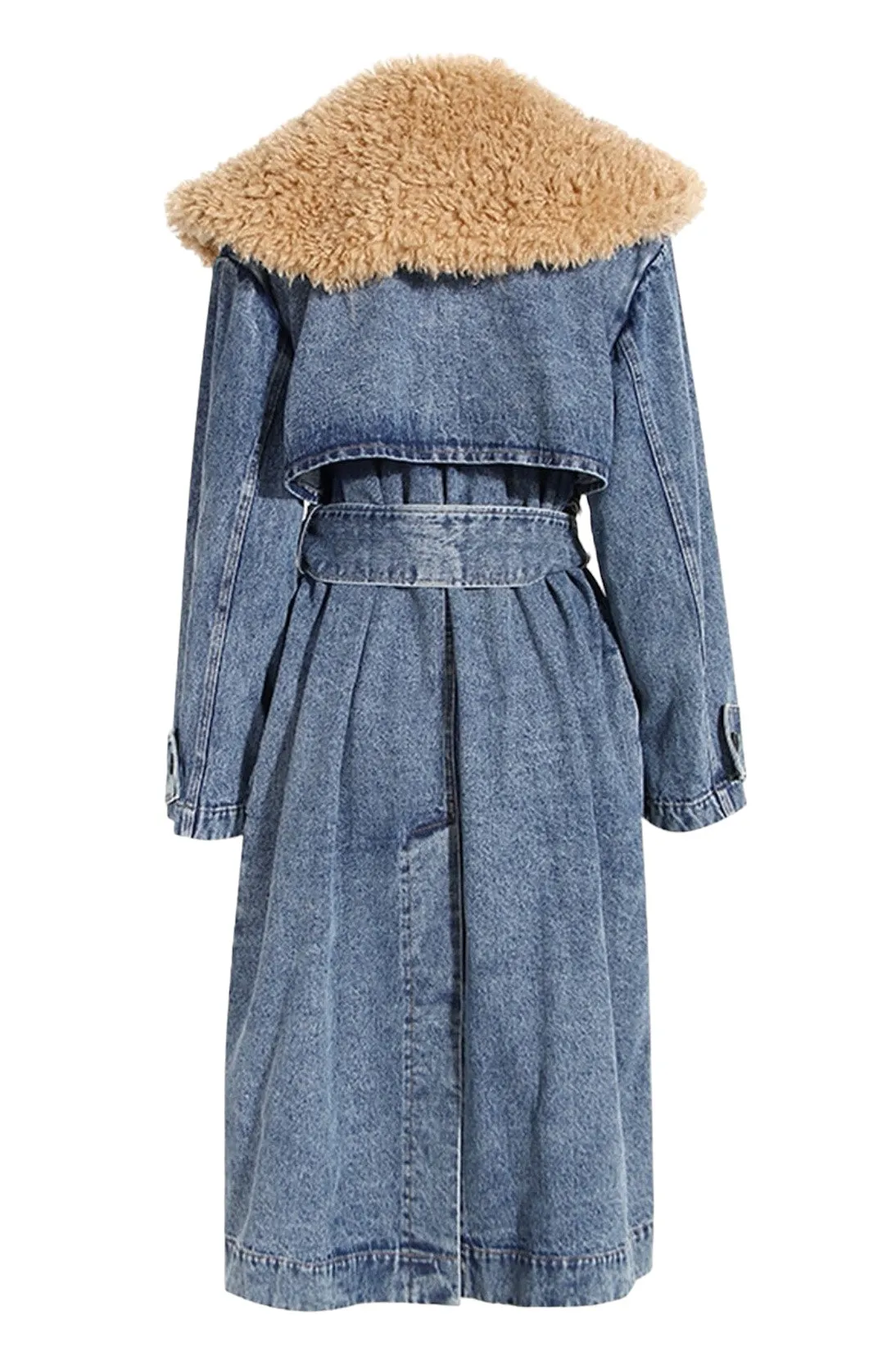 Oversized Faux Fur Collar Denim Jean Trench Coat