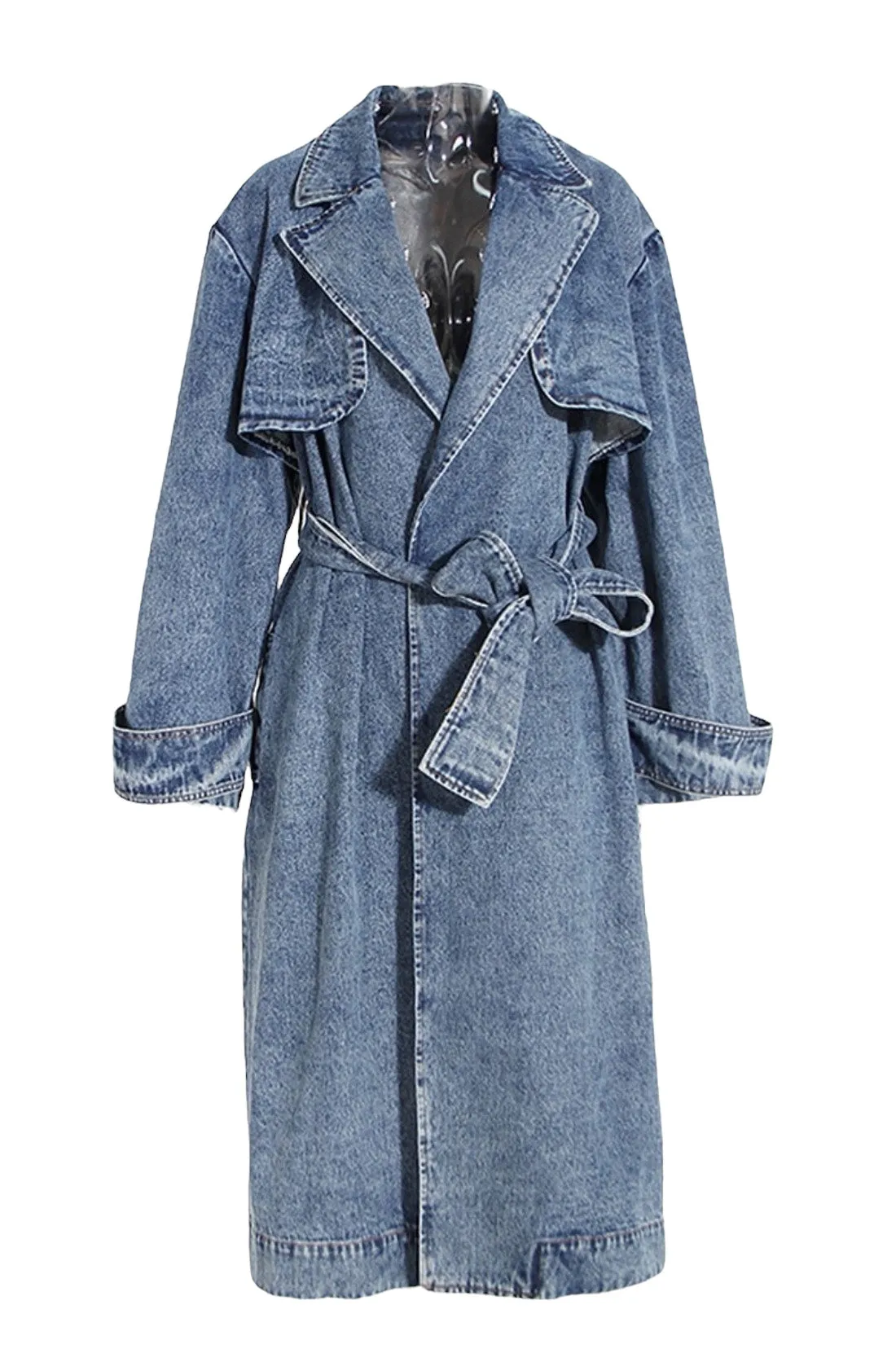 Oversized Faux Fur Collar Denim Jean Trench Coat
