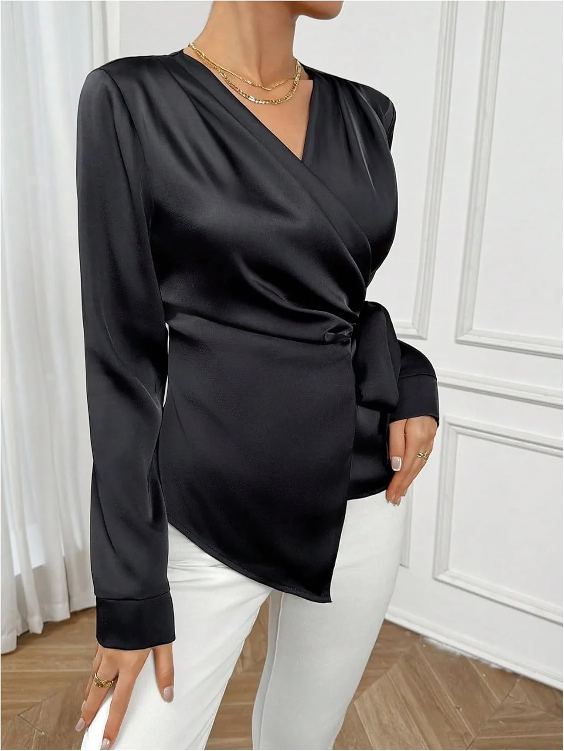 OYOANGLE Women's Elegant Long Sleeve Wrap V Neck Blouse Knot Side Ruched Work Office Tops