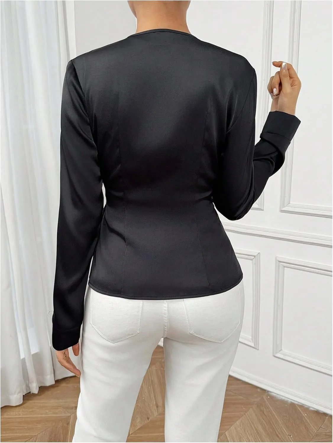 OYOANGLE Women's Elegant Long Sleeve Wrap V Neck Blouse Knot Side Ruched Work Office Tops