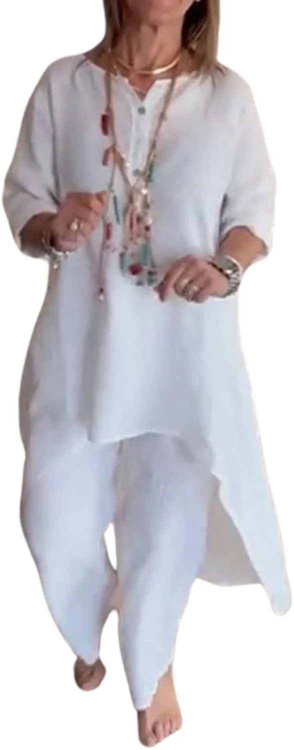 Pant Suits for Women Linen Two Piece Pants Suit Elegant Cotton Linen Long Sleeve Shirts and Wide Leg Pantsuits