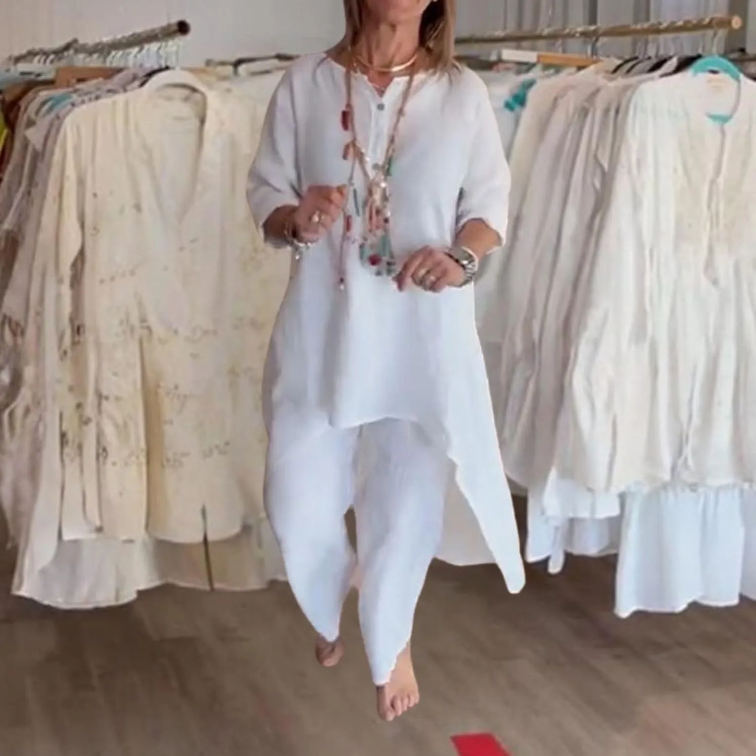 Pant Suits for Women Linen Two Piece Pants Suit Elegant Cotton Linen Long Sleeve Shirts and Wide Leg Pantsuits