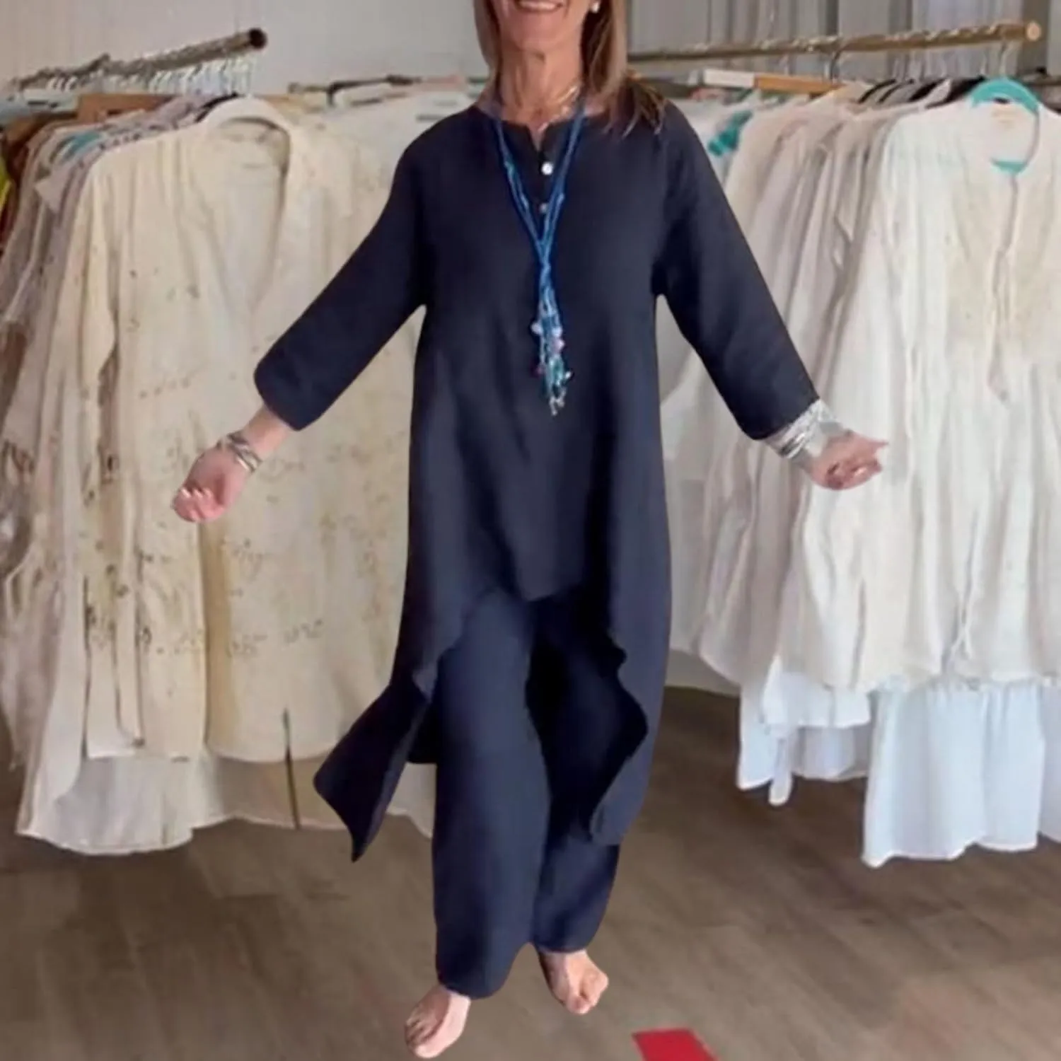 Pant Suits for Women Linen Two Piece Pants Suit Elegant Cotton Linen Long Sleeve Shirts and Wide Leg Pantsuits