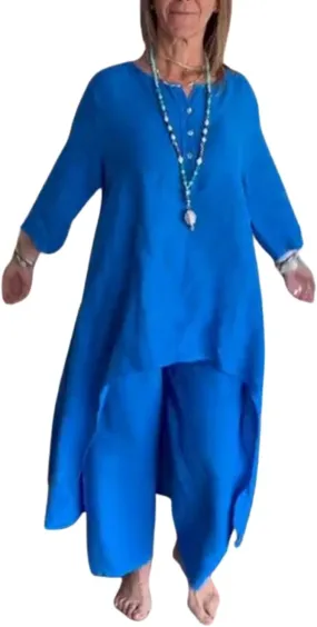 Pant Suits for Women Linen Two Piece Pants Suit Elegant Cotton Linen Long Sleeve Shirts and Wide Leg Pantsuits