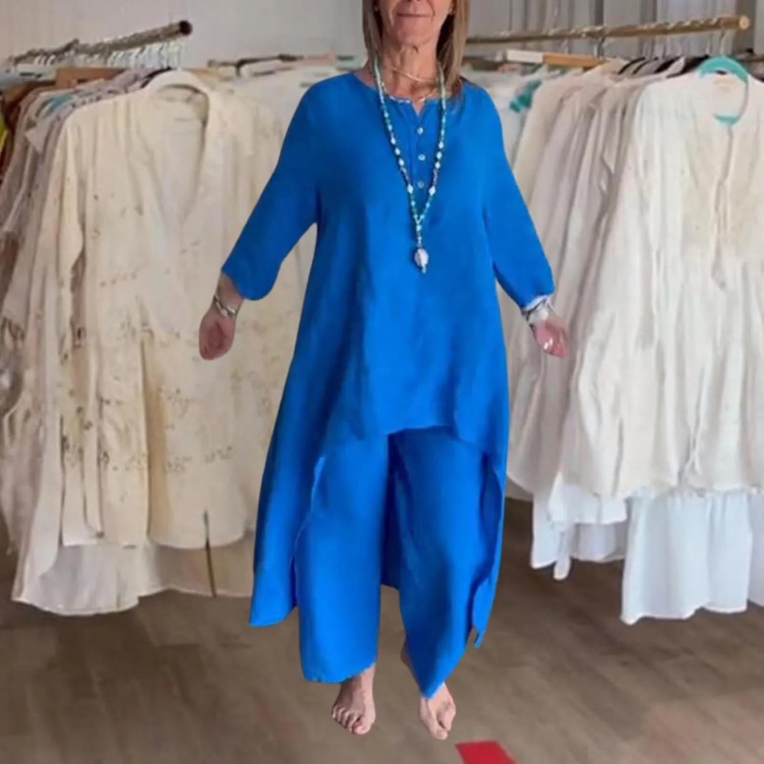 Pant Suits for Women Linen Two Piece Pants Suit Elegant Cotton Linen Long Sleeve Shirts and Wide Leg Pantsuits