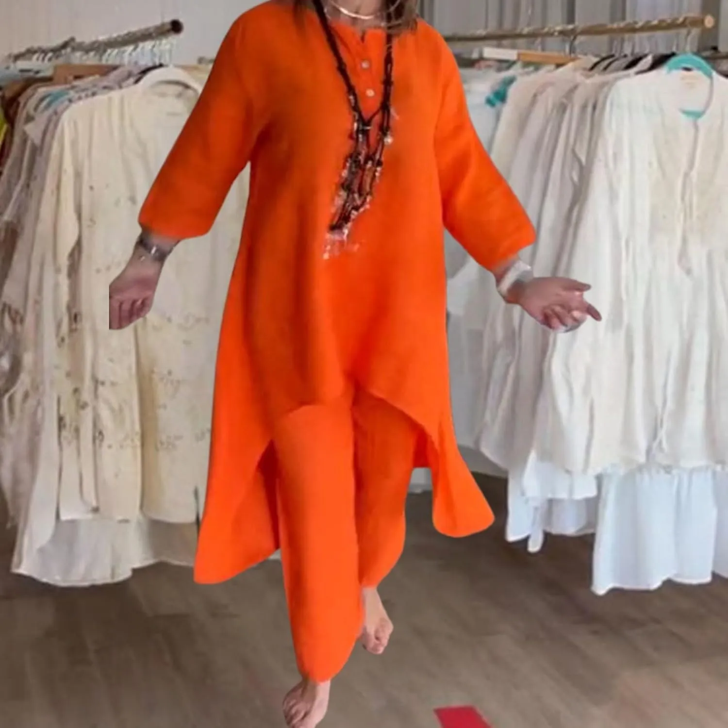 Pant Suits for Women Linen Two Piece Pants Suit Elegant Cotton Linen Long Sleeve Shirts and Wide Leg Pantsuits