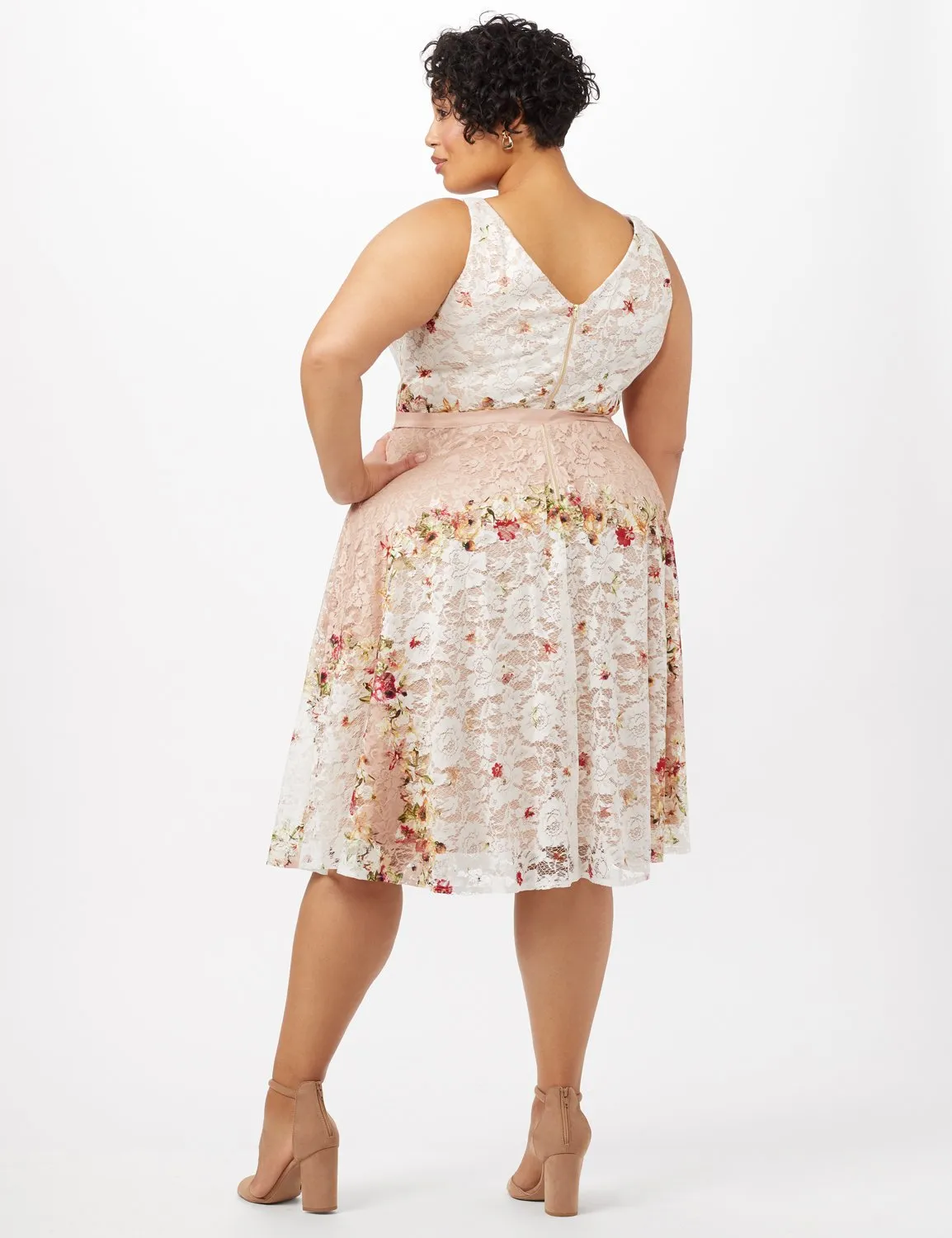 Printed Lace Dress with Grosgrain Ribbon Belt