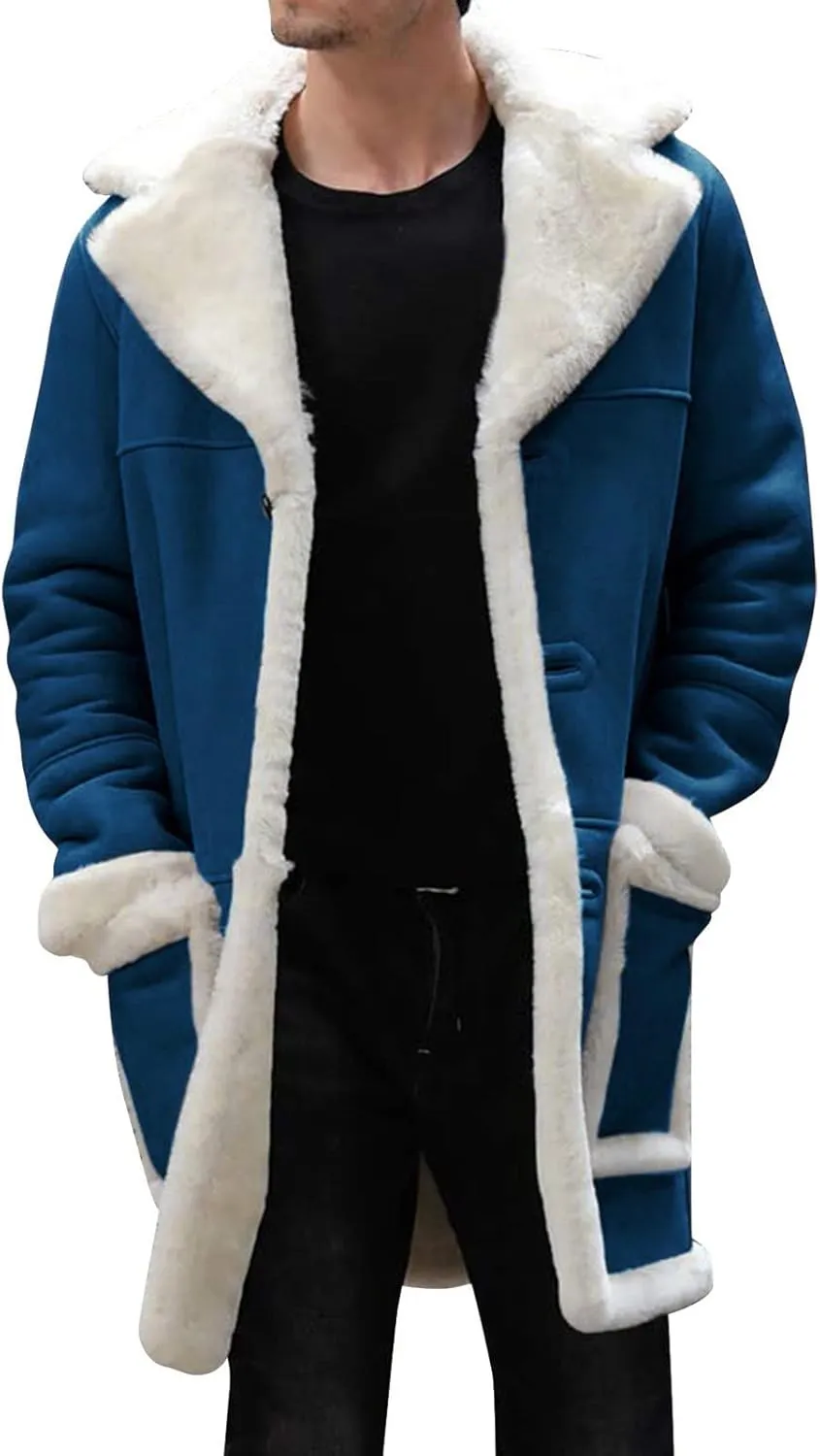 QWENTMTNTY Men's Suede Leather Coats Mid-Length Heavyweight Faux Shearling Coat Stylish Big Tall Sherpa Jacket Windbreaker