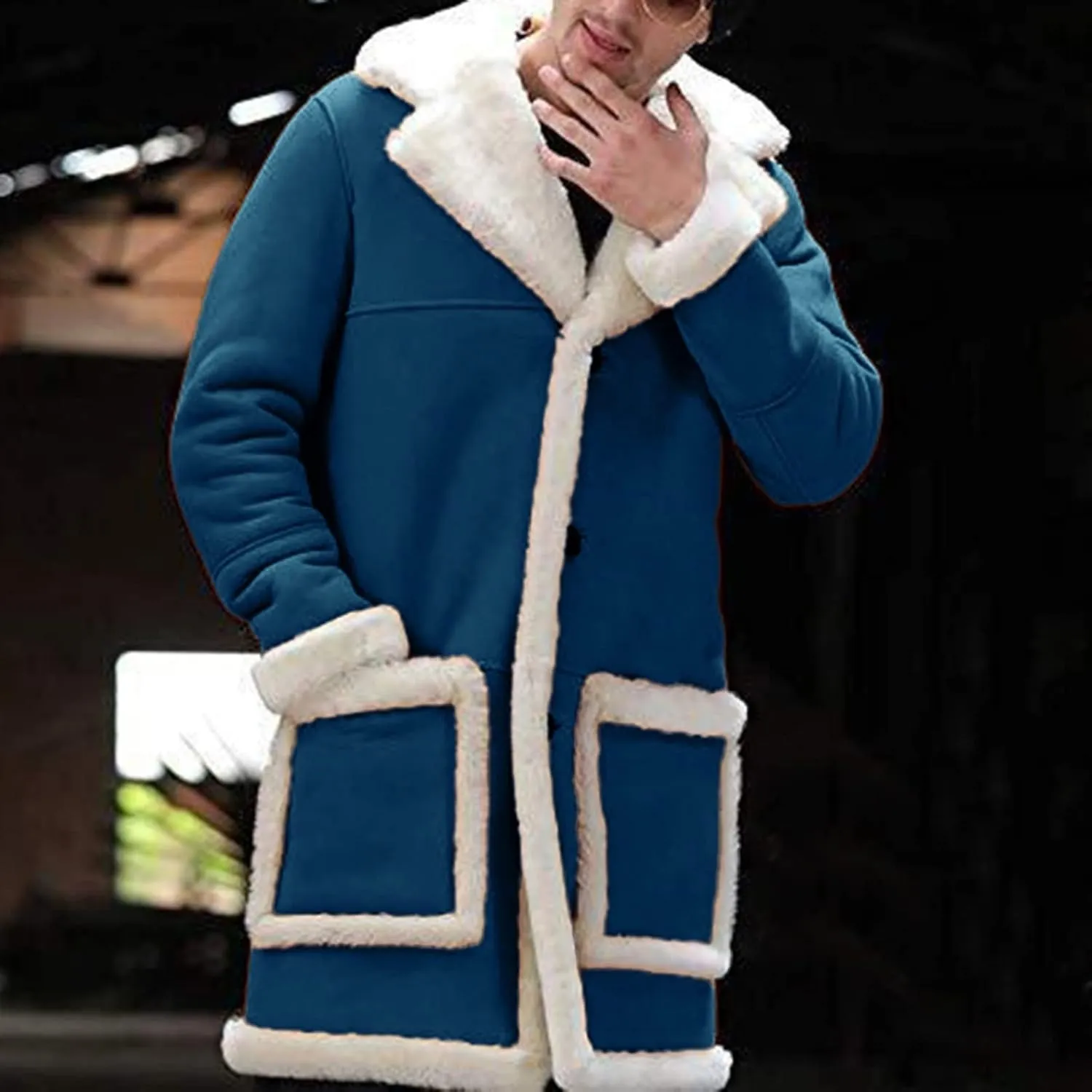 QWENTMTNTY Men's Suede Leather Coats Mid-Length Heavyweight Faux Shearling Coat Stylish Big Tall Sherpa Jacket Windbreaker