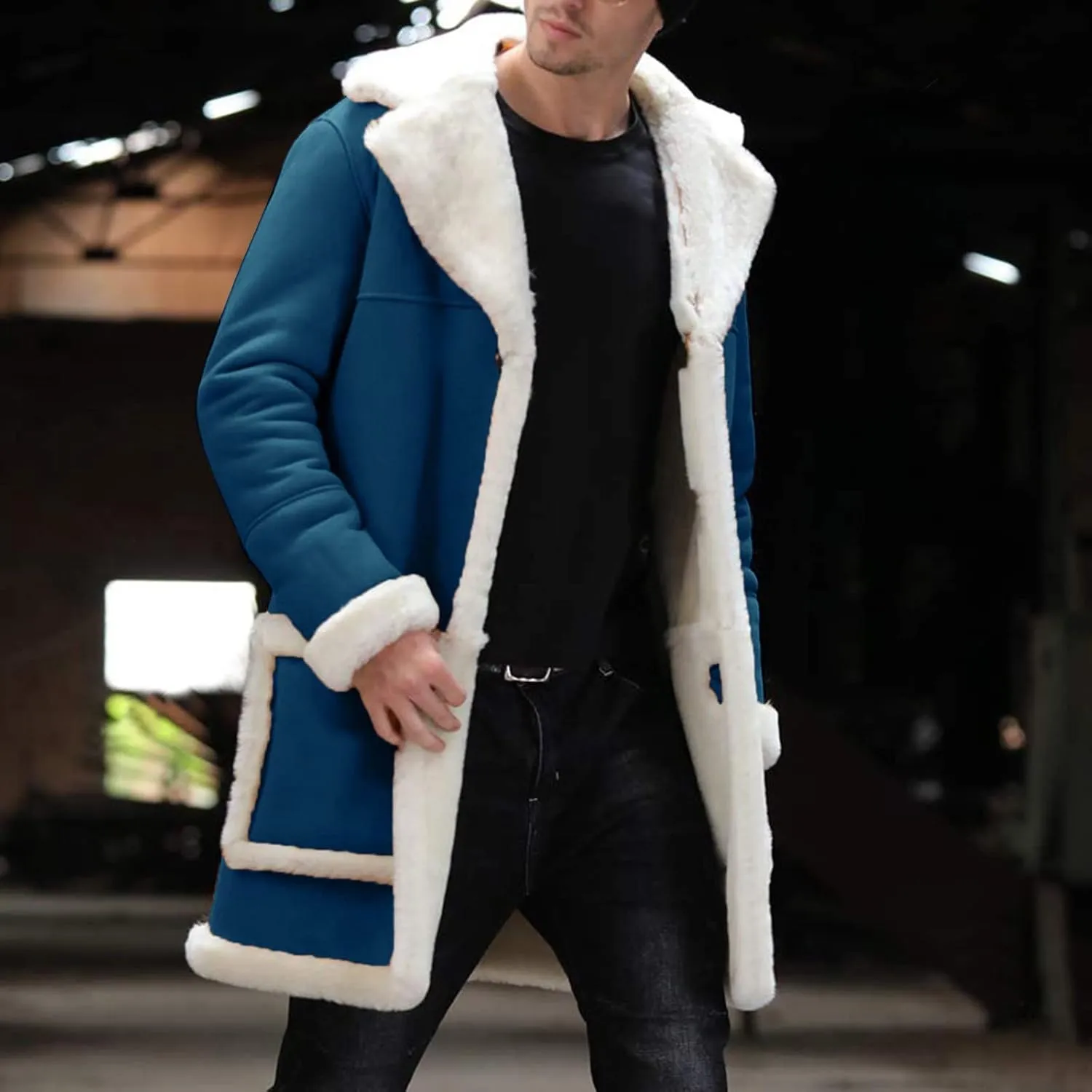 QWENTMTNTY Men's Suede Leather Coats Mid-Length Heavyweight Faux Shearling Coat Stylish Big Tall Sherpa Jacket Windbreaker