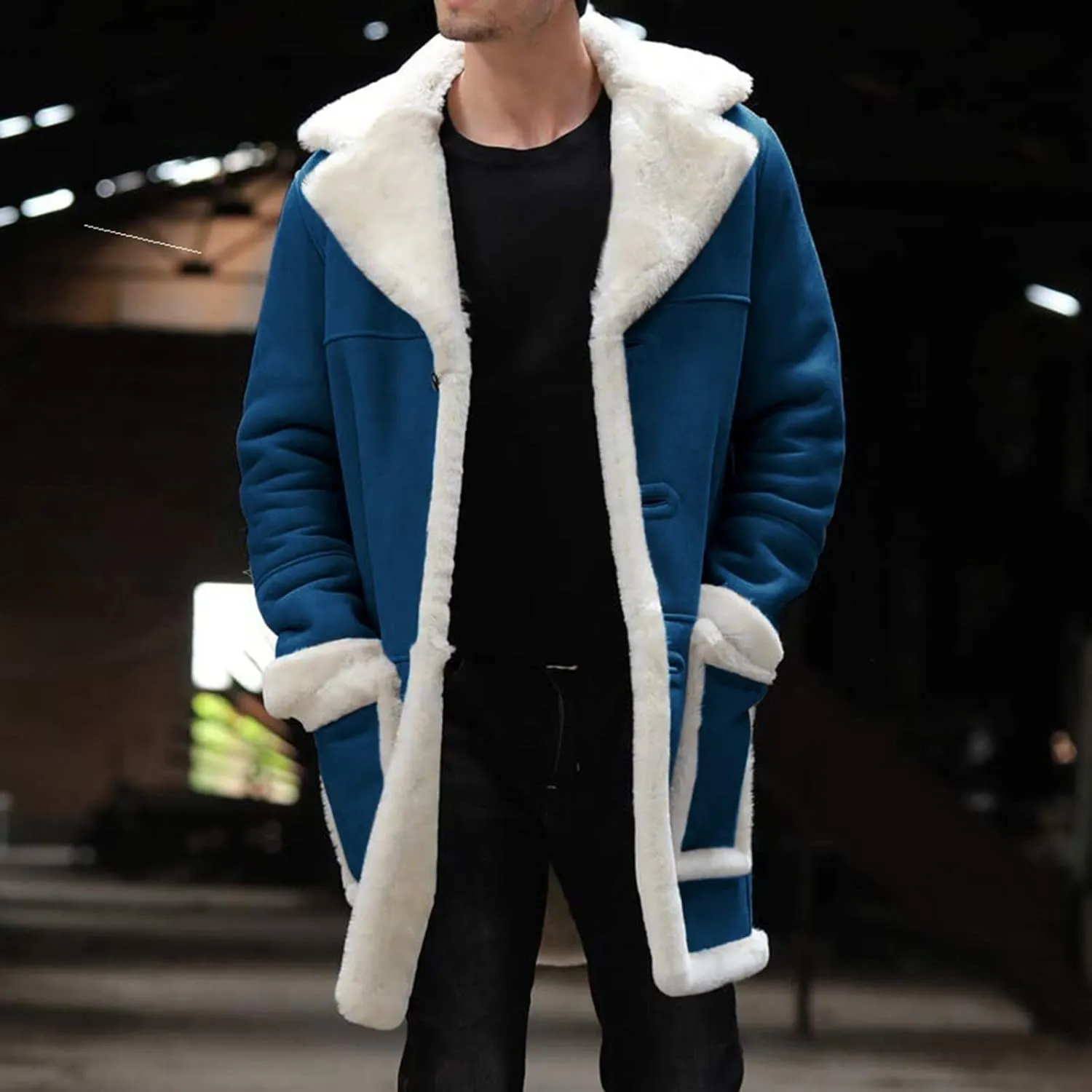 QWENTMTNTY Men's Suede Leather Coats Mid-Length Heavyweight Faux Shearling Coat Stylish Big Tall Sherpa Jacket Windbreaker