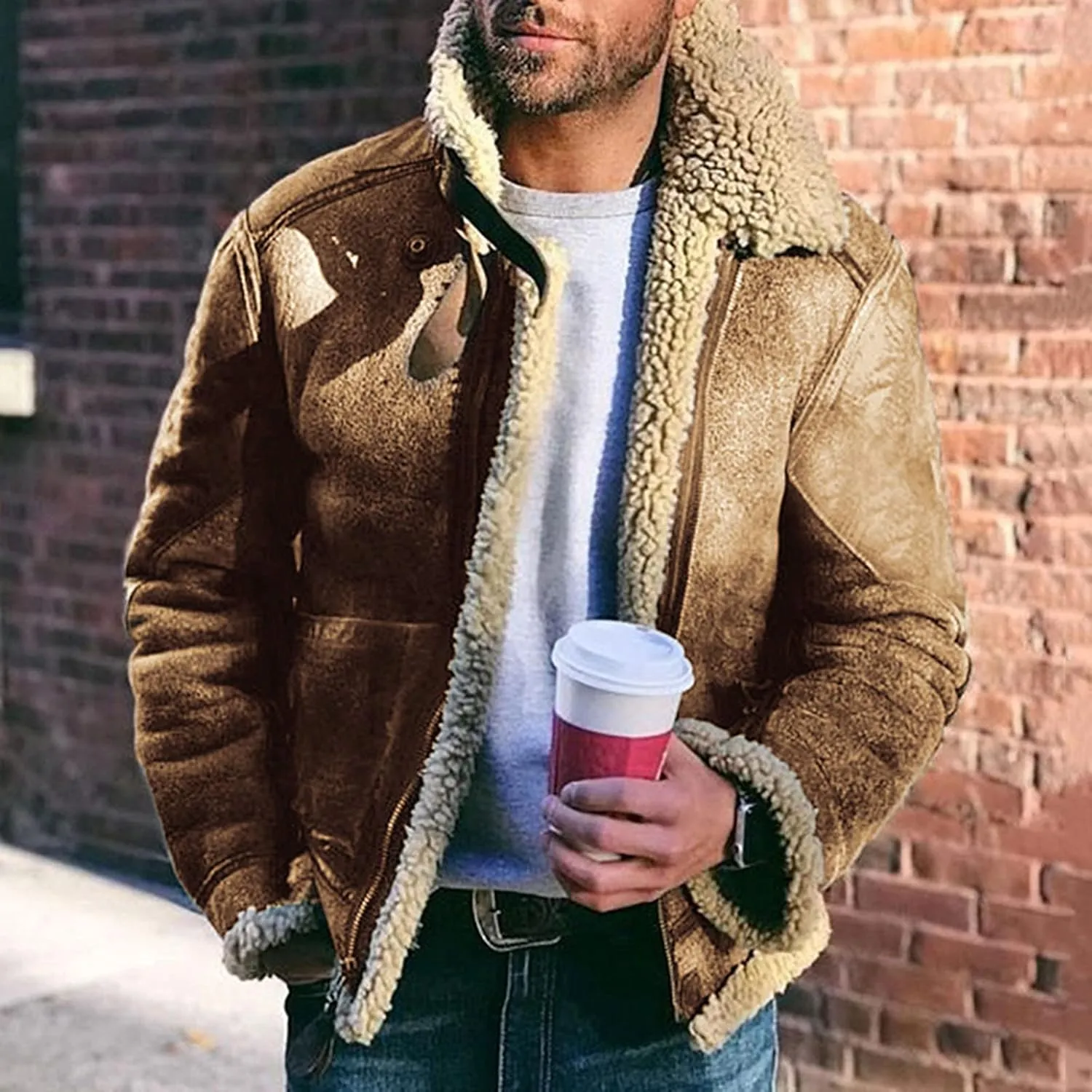 QWENTMTNTY Mens Vintage Heavyweight Faux Suede Sherpa Jacket Faux Shearing Coat Big and Tall Casual Stylish Winter Jackets