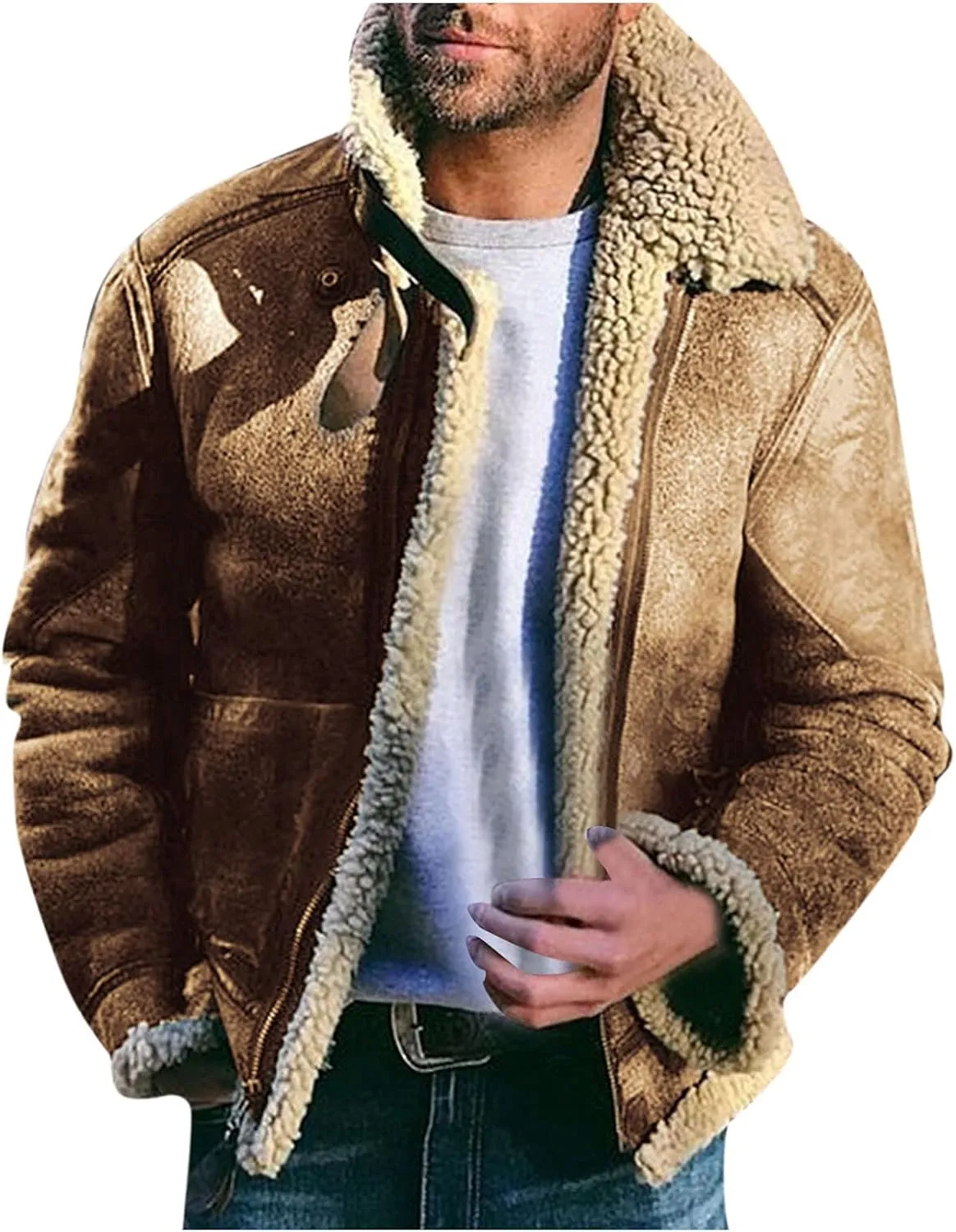 QWENTMTNTY Mens Vintage Heavyweight Faux Suede Sherpa Jacket Faux Shearing Coat Big and Tall Casual Stylish Winter Jackets