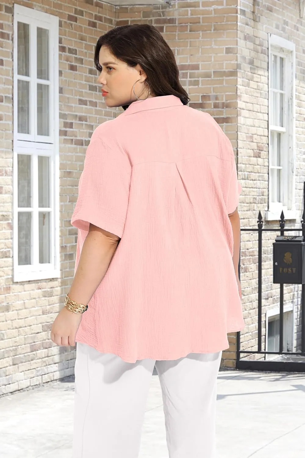 RITERA Womens Plus Size Tops Button Down Roll-Up Cuffed Short Sleeve Casual Shirts Collared Summer Lightweight Blouse XL-5XL