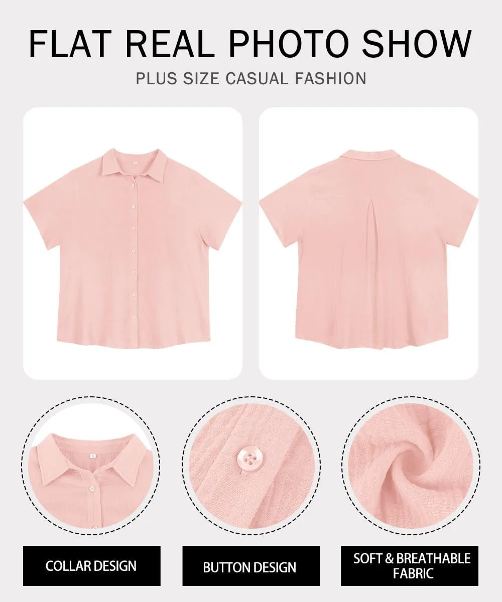 RITERA Womens Plus Size Tops Button Down Roll-Up Cuffed Short Sleeve Casual Shirts Collared Summer Lightweight Blouse XL-5XL