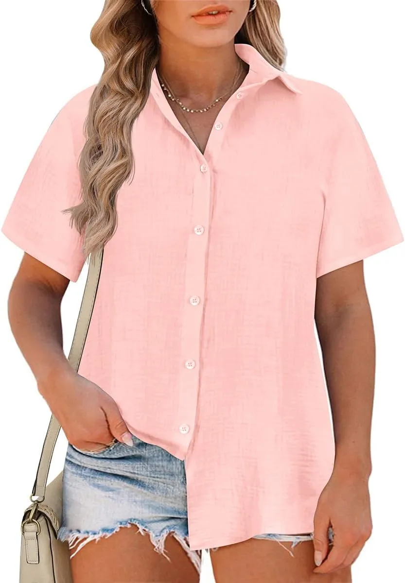 RITERA Womens Plus Size Tops Button Down Roll-Up Cuffed Short Sleeve Casual Shirts Collared Summer Lightweight Blouse XL-5XL