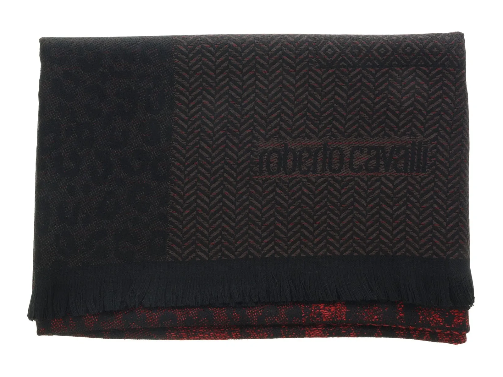 Roberto Cavalli ESZ060 02000 Red Wool Blend Herringbone/ Diamond Mens Scarf
