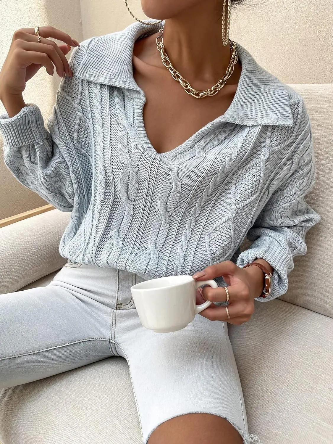 Sweater Womens Sweater -Neck Collared Cable Knit Sweater (Color : Light Grey, Size : X-Large)