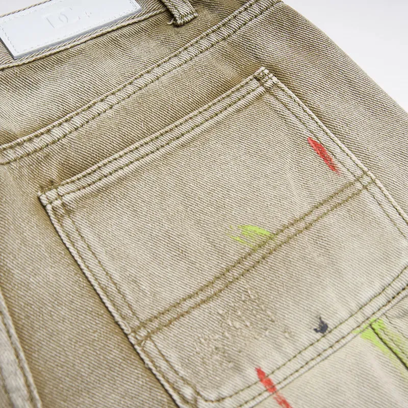 'Time is Money' Embroidered Denim Jeans with Custom Paint Splatter