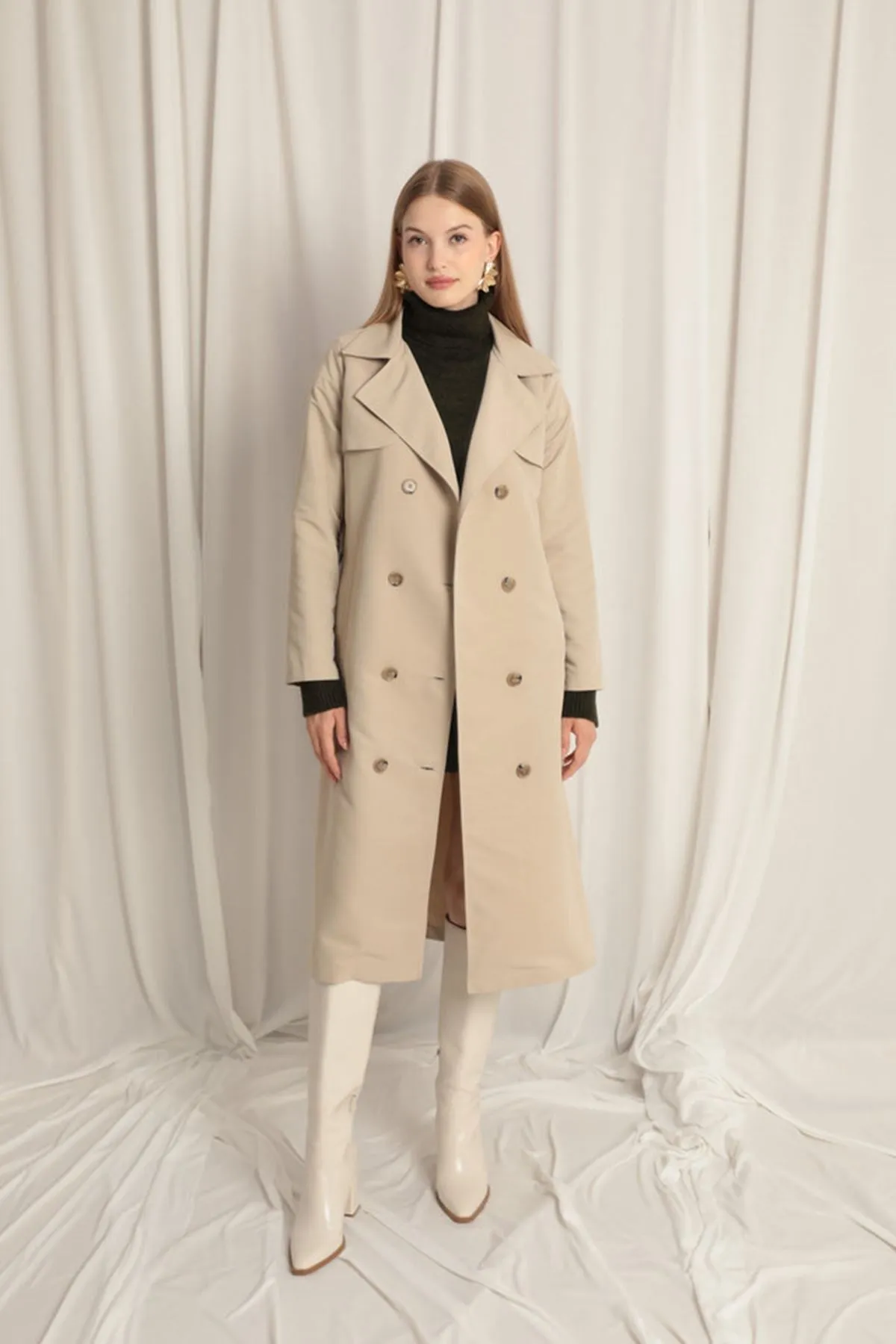 Torino Fabric Liquid Proof Maxi Length Women's Stone Trench Coat