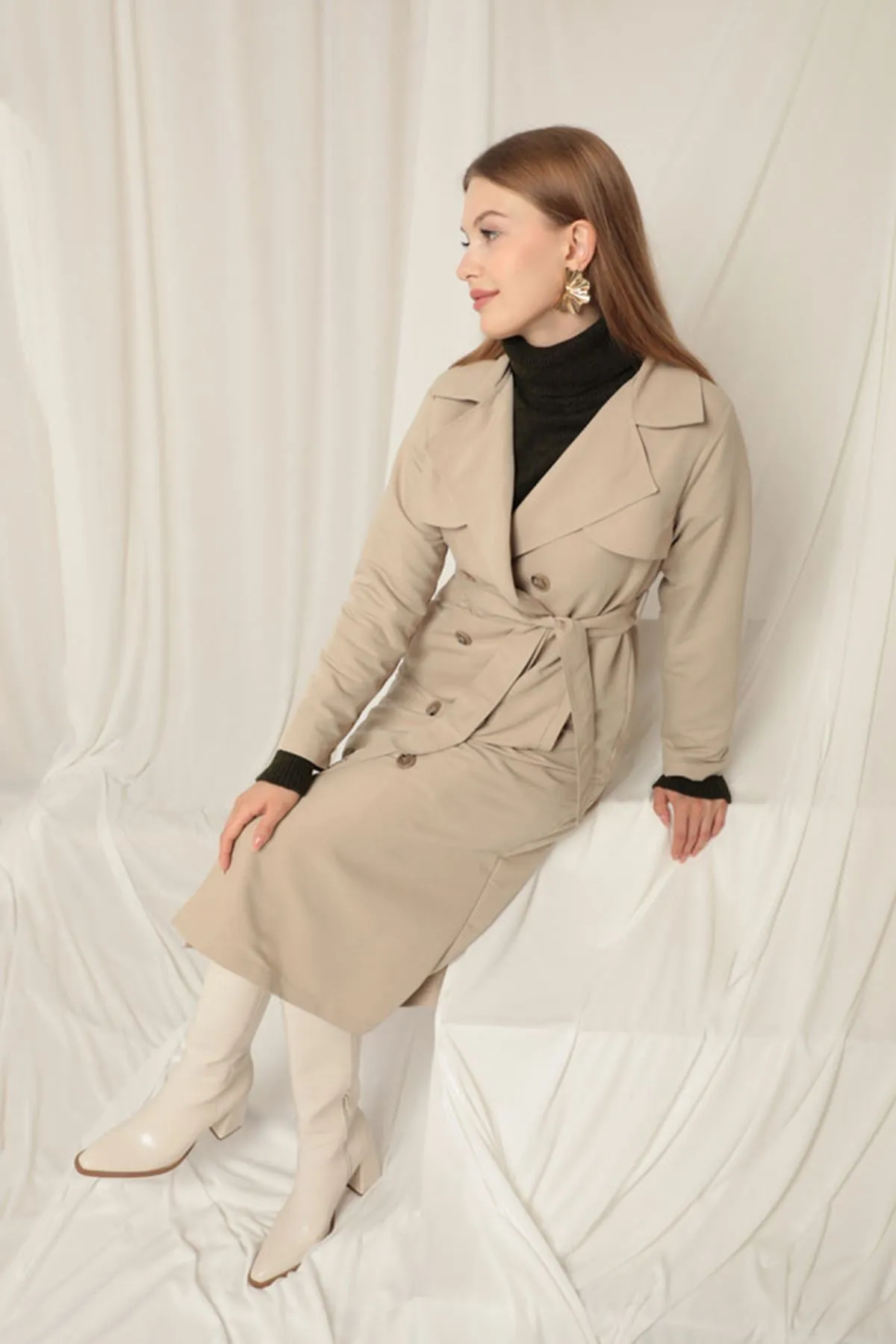 Torino Fabric Liquid Proof Maxi Length Women's Stone Trench Coat