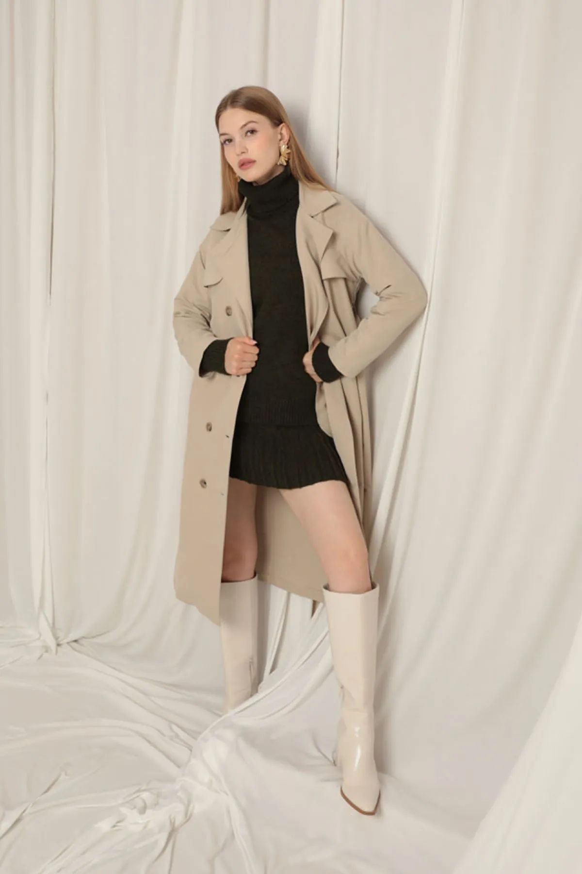 Torino Fabric Liquid Proof Maxi Length Women's Stone Trench Coat