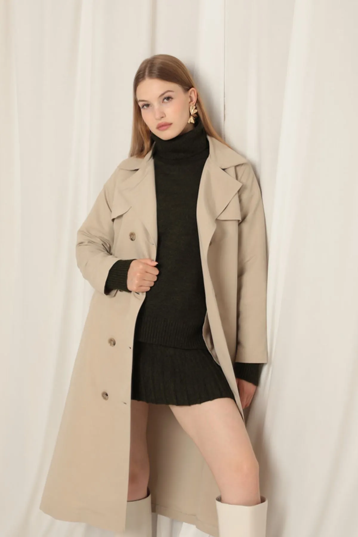 Torino Fabric Liquid Proof Maxi Length Women's Stone Trench Coat