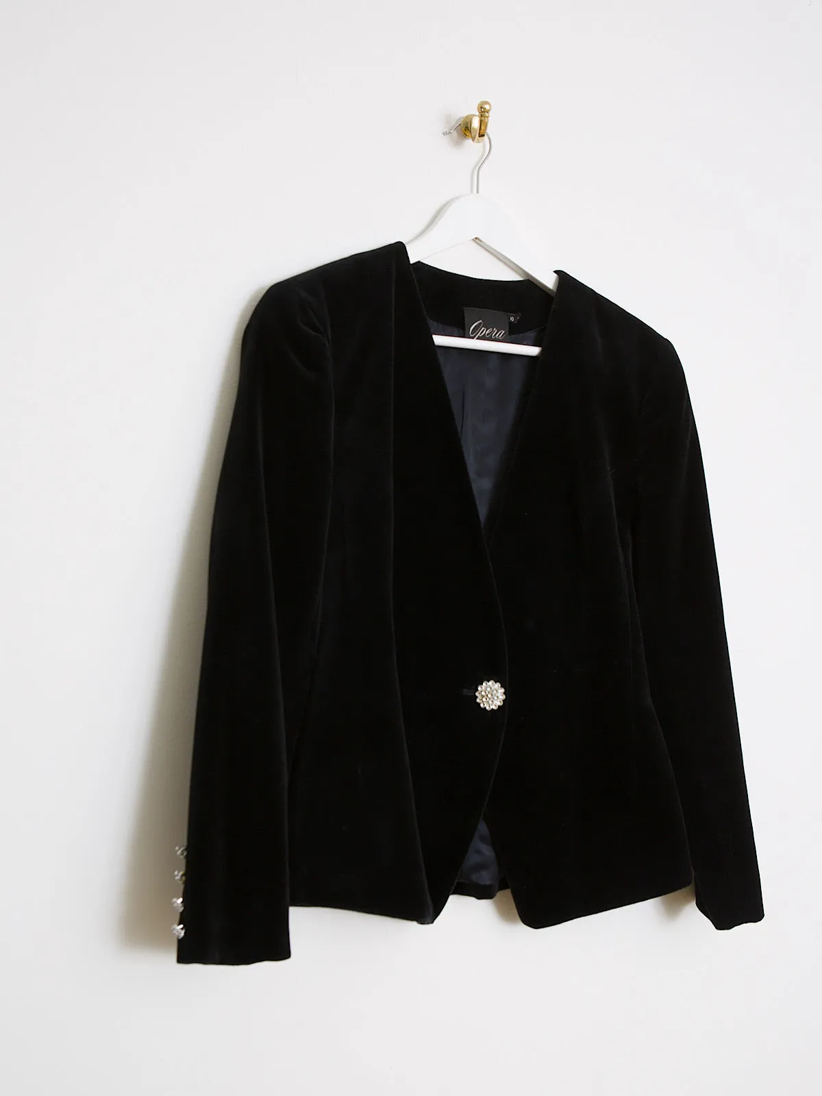 Vintage black velour blazer with crystal buttons
