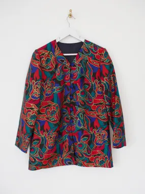 Vintage silk jacket hand printed with a colourful and gold design