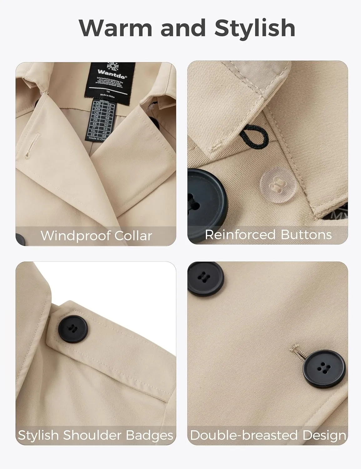 wantdo Women's Plus Size Trench Coat Double-Breasted Waterproof Lapel Overcoat Stylish Pea Coat with Detachable Hood