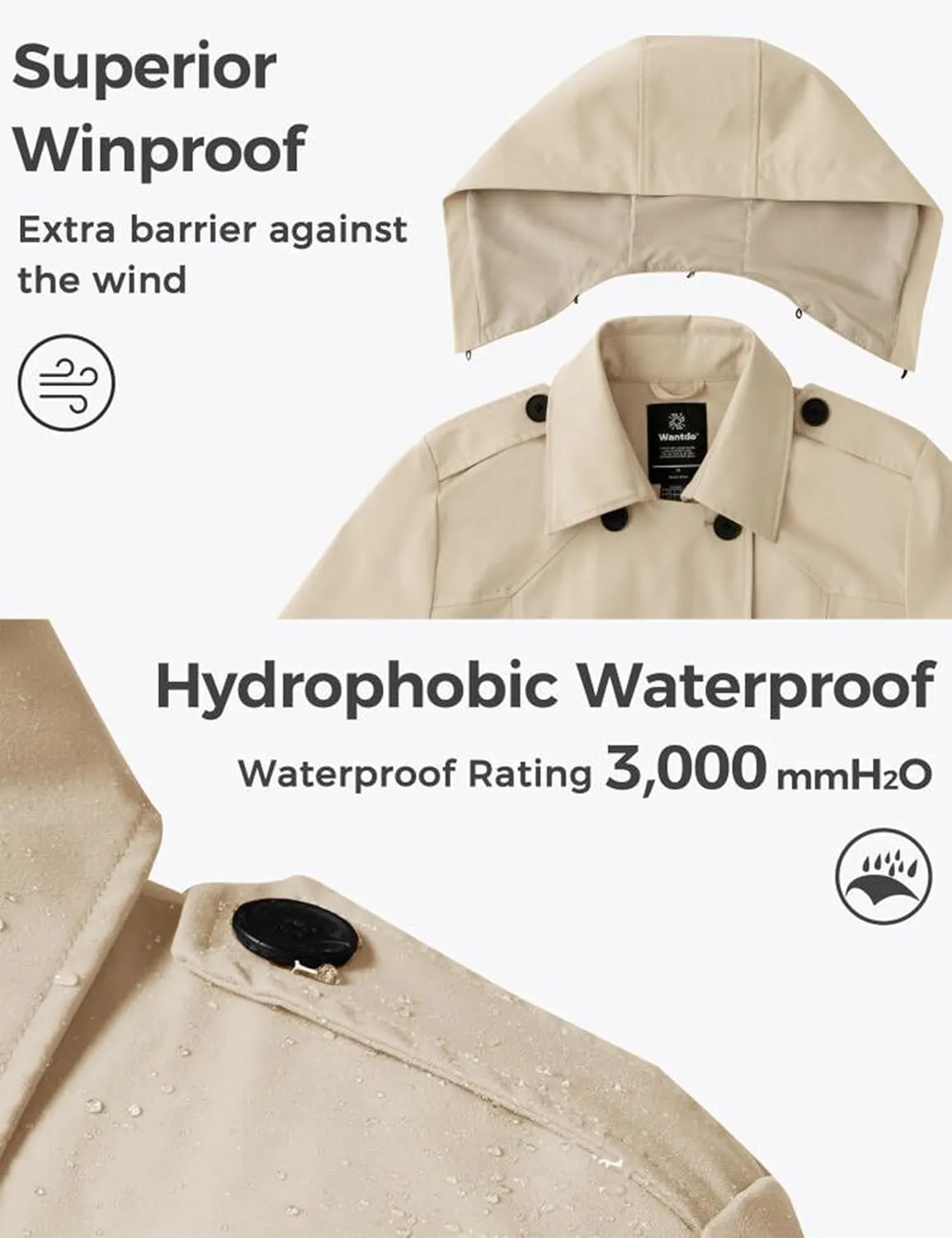 wantdo Women's Plus Size Trench Coat Double-Breasted Waterproof Lapel Overcoat Stylish Pea Coat with Detachable Hood