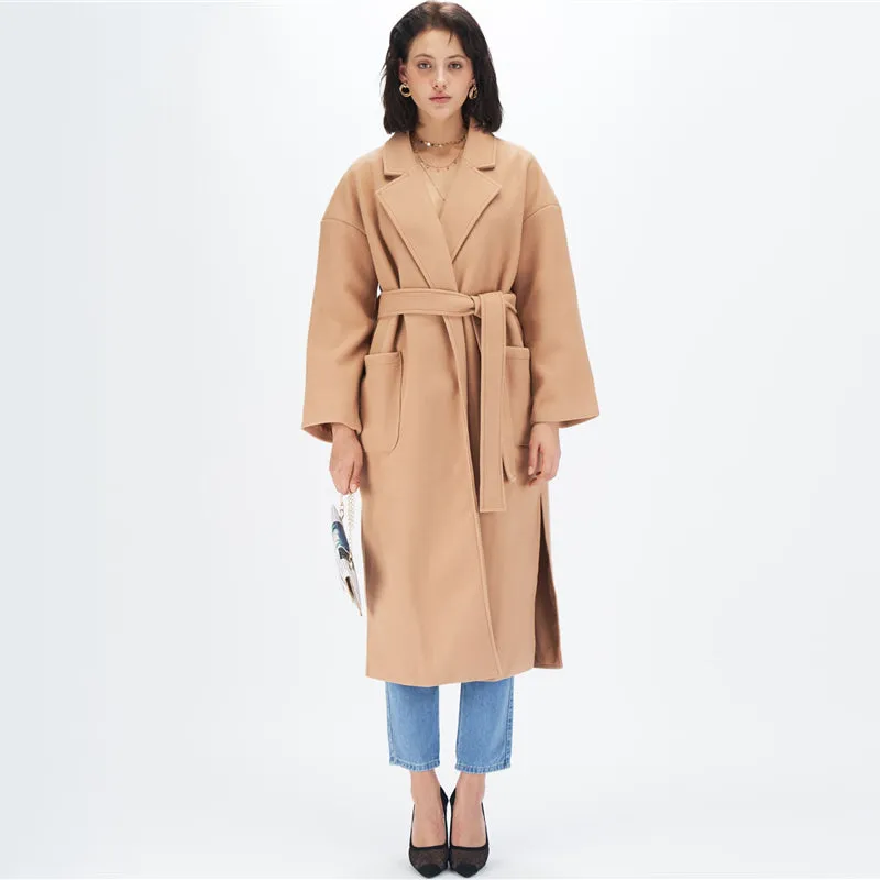 Women's Autumn Polyester Belted Trench With Pockets