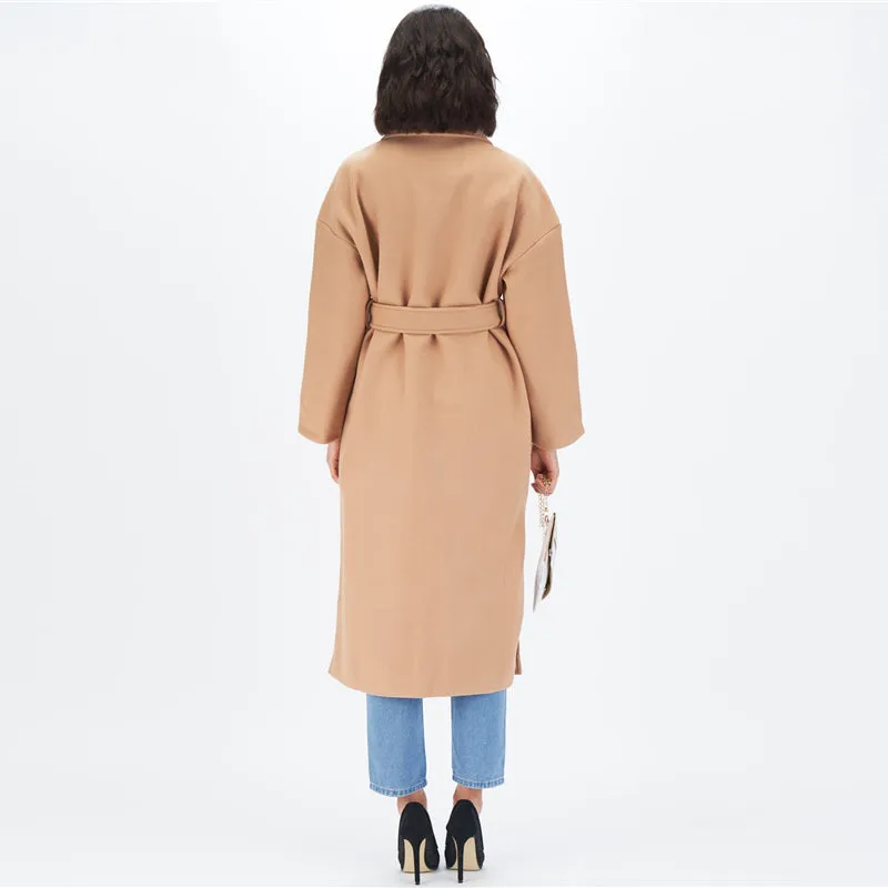 Women's Autumn Polyester Belted Trench With Pockets