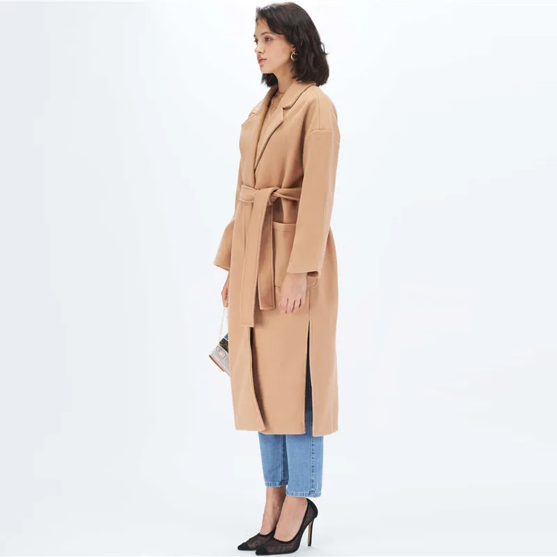 Women's Autumn Polyester Belted Trench With Pockets