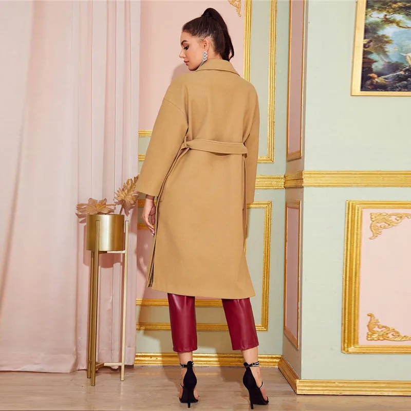 Women's Autumn Polyester Belted Trench With Pockets