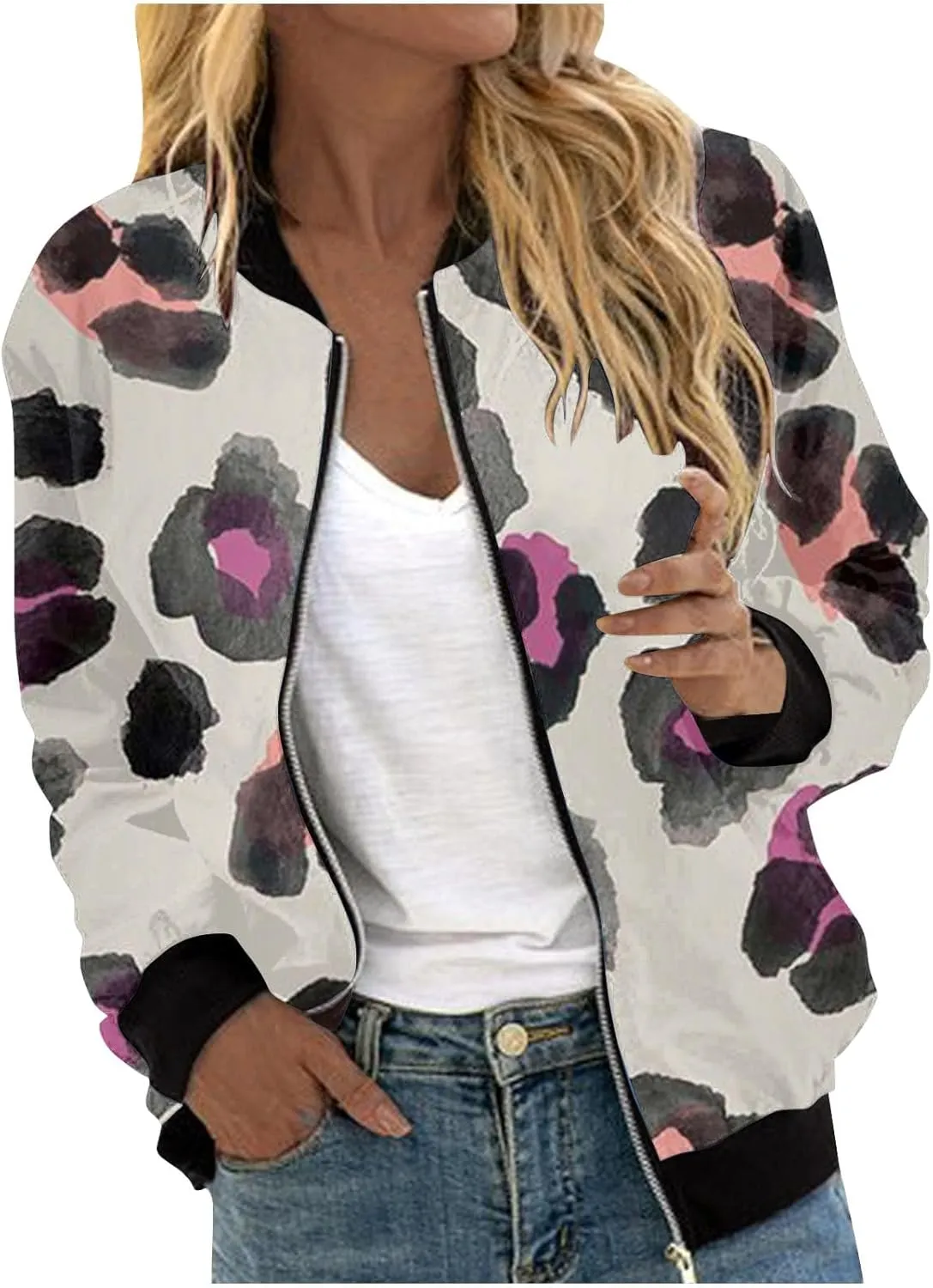 Women's Bomber Jacket 2024 Long Sleeve Classic Gradient Print Jacket Casual Daily Lightweight Short Outwear Tops