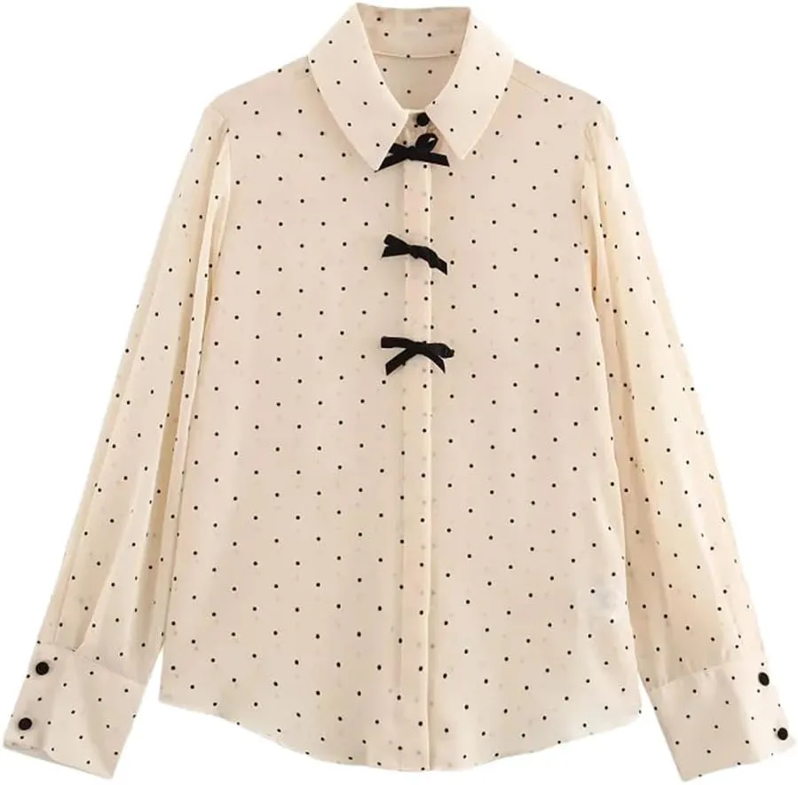 Women's Elegant Butterfly Shirts Long Sleeve Large Size Blouses Office Dot Tops