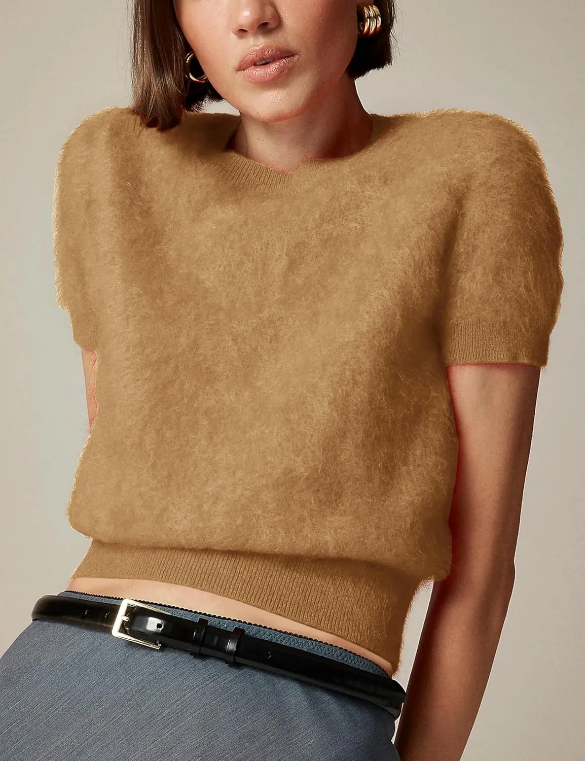 Women's Furry Cropped Sweater Short Sleeve Soft Fuzzy Sweater T Shirt Loose Casual Knit Pullover
