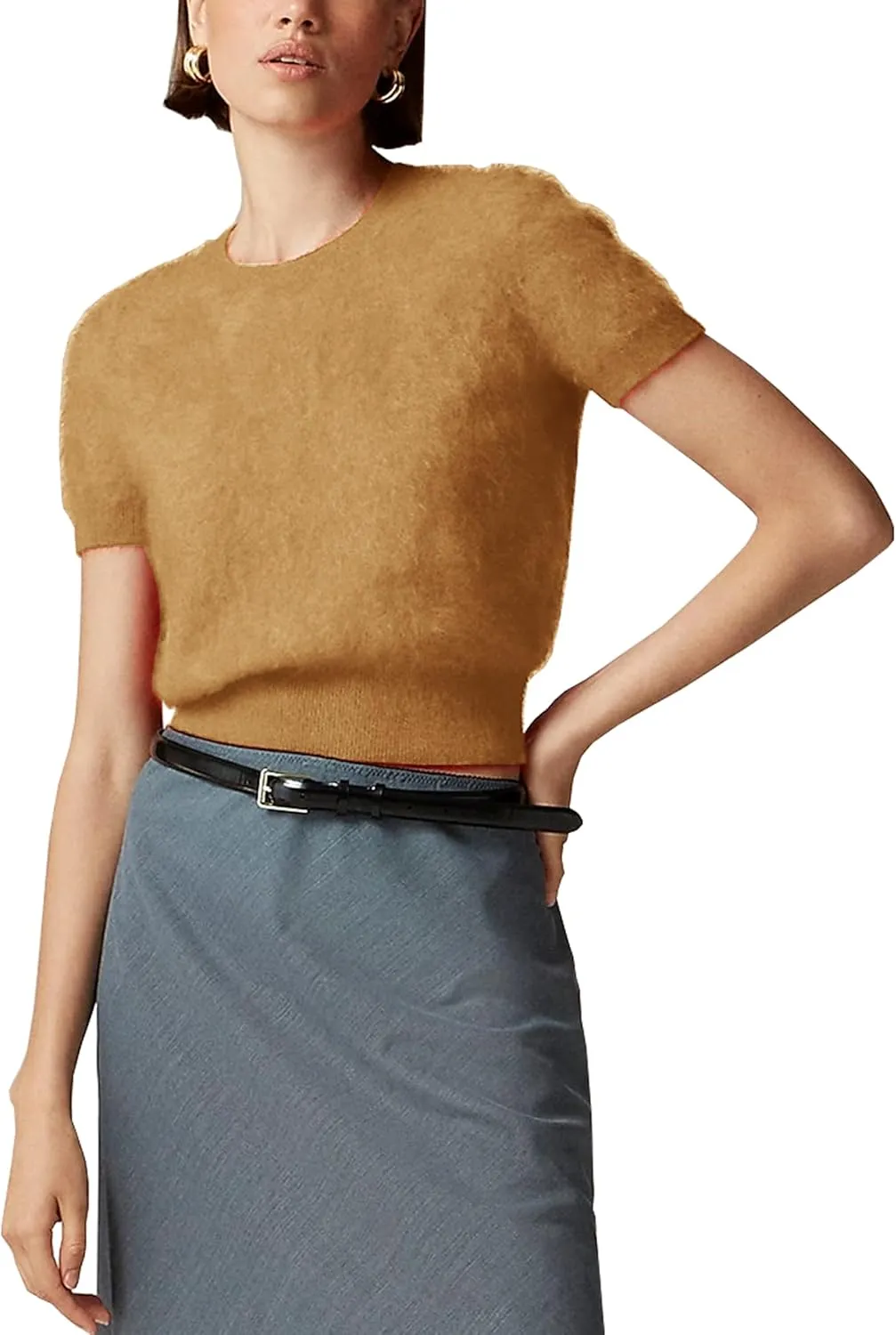 Women's Furry Cropped Sweater Short Sleeve Soft Fuzzy Sweater T Shirt Loose Casual Knit Pullover