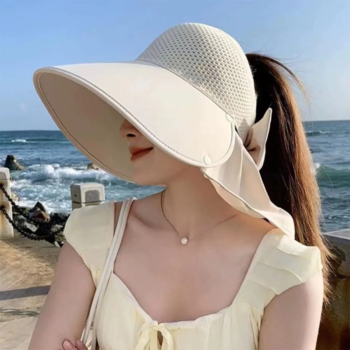 Women's Large-Brim Hollow Sunscreen Hat with Removable Neck Shawl,Women's Wide Brim Adjustable Summer Beach Hats