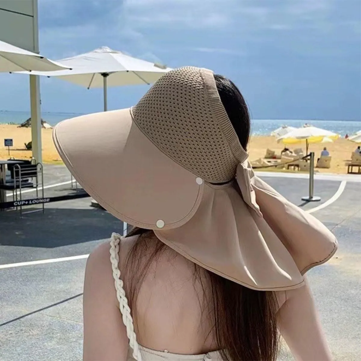 Women's Large-Brim Hollow Sunscreen Hat with Removable Neck Shawl,Women's Wide Brim Adjustable Summer Beach Hats