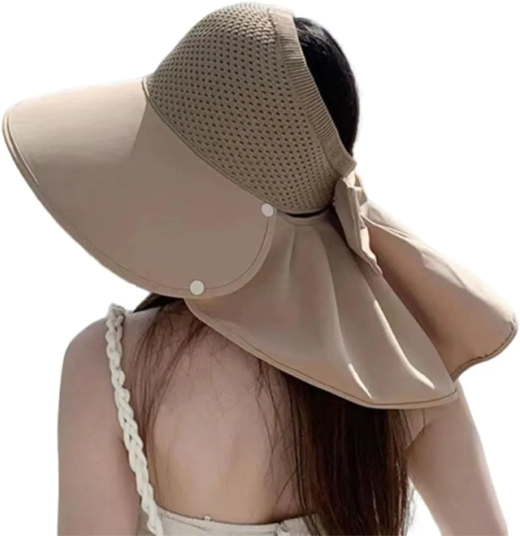 Women's Large-Brim Hollow Sunscreen Hat with Removable Neck Shawl,Women's Wide Brim Adjustable Summer Beach Hats
