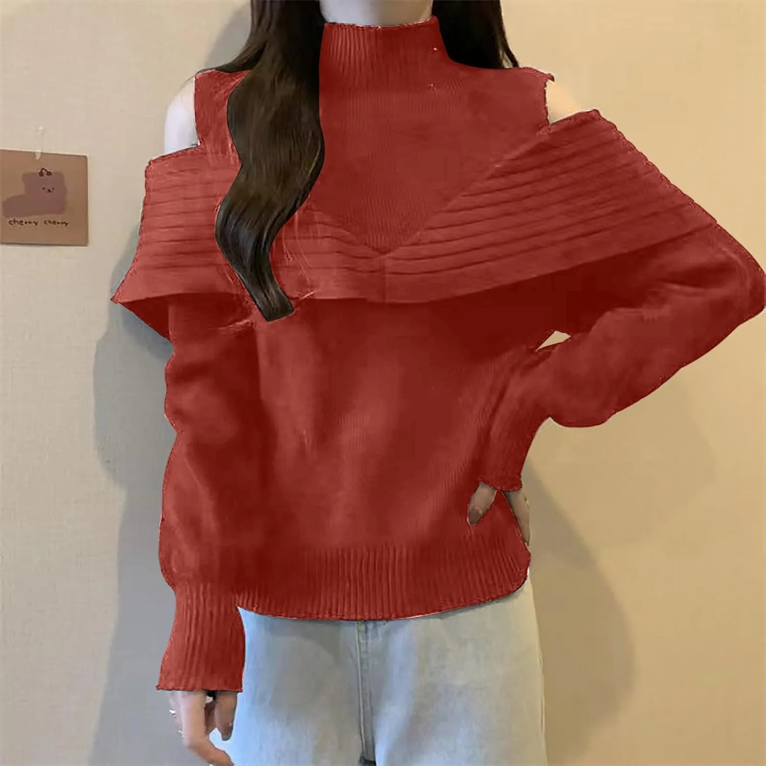 Womens Off Shoulder Sweaters Turtleneck Oversized Batwing Sweaters Sexy Pullover Knit Sweater Thin V Neck Sweater