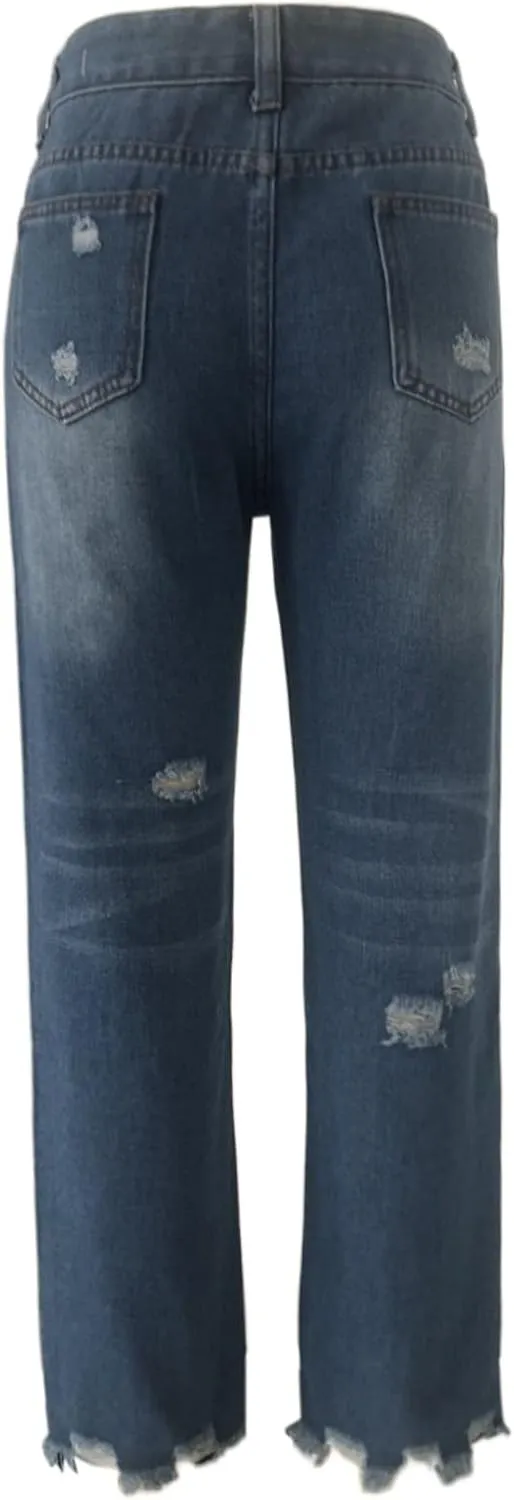 Women's Ripped Light Blue Casual Cropped Straight Wash Jeans Stretch Work Pants for Women